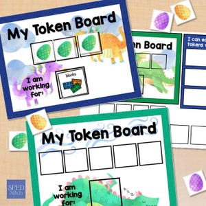 May include: Token boards with dinosaur illustrations. Each board has a title "My Token Board" and spaces for tokens. The boards feature colorful dinosaur graphics and the text "I am working for:" with a space for a reward.