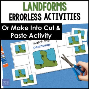 May include: A worksheet with the text "LANDFORMS ERRORLESS ACTIVITIES" and "Or Make Into Cut & Paste Activity". The worksheet has a matching activity with images of landforms. A pair of scissors and glue stick are also visible.