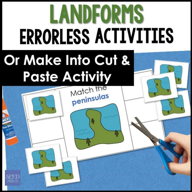 May include: A worksheet with the text "LANDFORMS ERRORLESS ACTIVITIES" and "Or Make Into Cut & Paste Activity". The worksheet has a matching activity with images of landforms. A pair of scissors and glue stick are also visible.