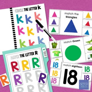 May include: Educational activity sheets featuring colorful letters and shapes for matching exercises. Includes pages titled Circle the Letter K, Match the Triangles, Match Green, Match the Letter R, and Match Eighteen, accompanied by a black marker.