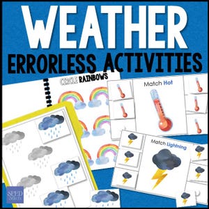 Pode incluir: Conjunto de atividades educativas com o tema do tempo, intitulado "WEATHER ERRORLESS ACTIVITIES". Inclui ilustra&ccedil;&otilde;es de arco-&iacute;ris, nuvens, chuva, raios e term&oacute;metros. Projetado para atividades de aprendizagem e correspond&ecirc;ncia.
