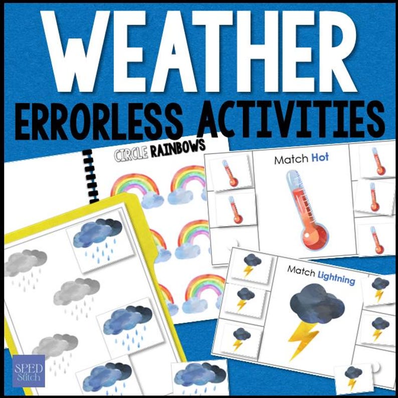 Pode incluir: Conjunto de atividades educativas com o tema do tempo, intitulado "WEATHER ERRORLESS ACTIVITIES". Inclui ilustra&ccedil;&otilde;es de arco-&iacute;ris, nuvens, chuva, raios e term&oacute;metros. Projetado para atividades de aprendizagem e correspond&ecirc;ncia.