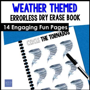 Pode incluir: Um livro apag&aacute;vel a seco com espiral com o t&iacute;tulo "WEATHER THEMED ERRORLESS DRY ERASE BOOK" em texto azul e preto. A p&aacute;gina mostra ilustra&ccedil;&otilde;es de tornados e o texto "CIRCLE THE TORNADOS". Uma caneta preta &eacute; vis&iacute;vel.