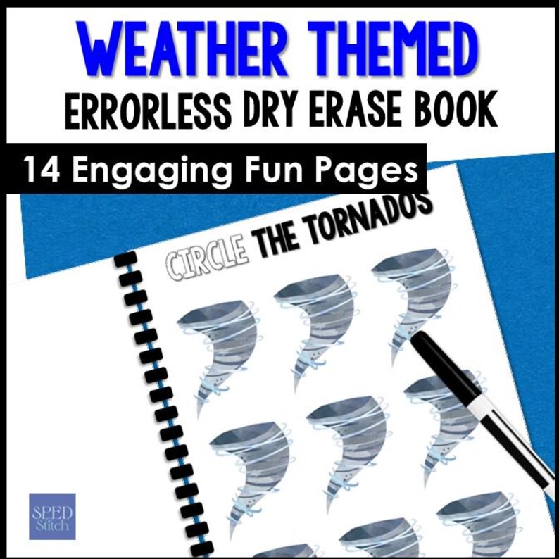 Pode incluir: Um livro apag&aacute;vel a seco com espiral com o t&iacute;tulo "WEATHER THEMED ERRORLESS DRY ERASE BOOK" em texto azul e preto. A p&aacute;gina mostra ilustra&ccedil;&otilde;es de tornados e o texto "CIRCLE THE TORNADOS". Uma caneta preta &eacute; vis&iacute;vel.