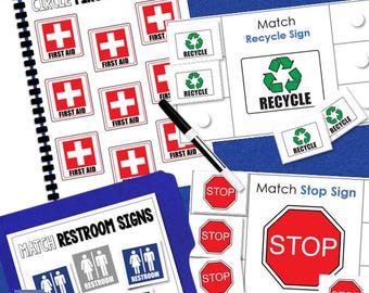 Community Signs Errorless Learning Work Task Boxes & Dry Erase Book for Special Education