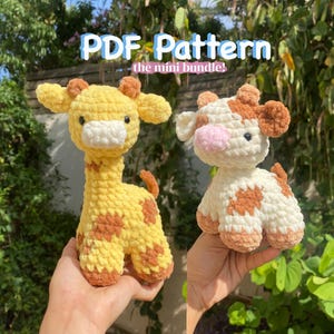May include: PDF pattern for crocheting a mini giraffe and a mini cow. The giraffe is yellow with brown spots and the cow is white with brown spots. The pattern is called "the mini bundle".