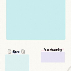 May include: A printable worksheet with instructions for creating a cartoon cat. The worksheet is divided into sections for the head, ears, and face assembly. The sections are labelled with the words "Head", "Ears", and "Face Assembly".