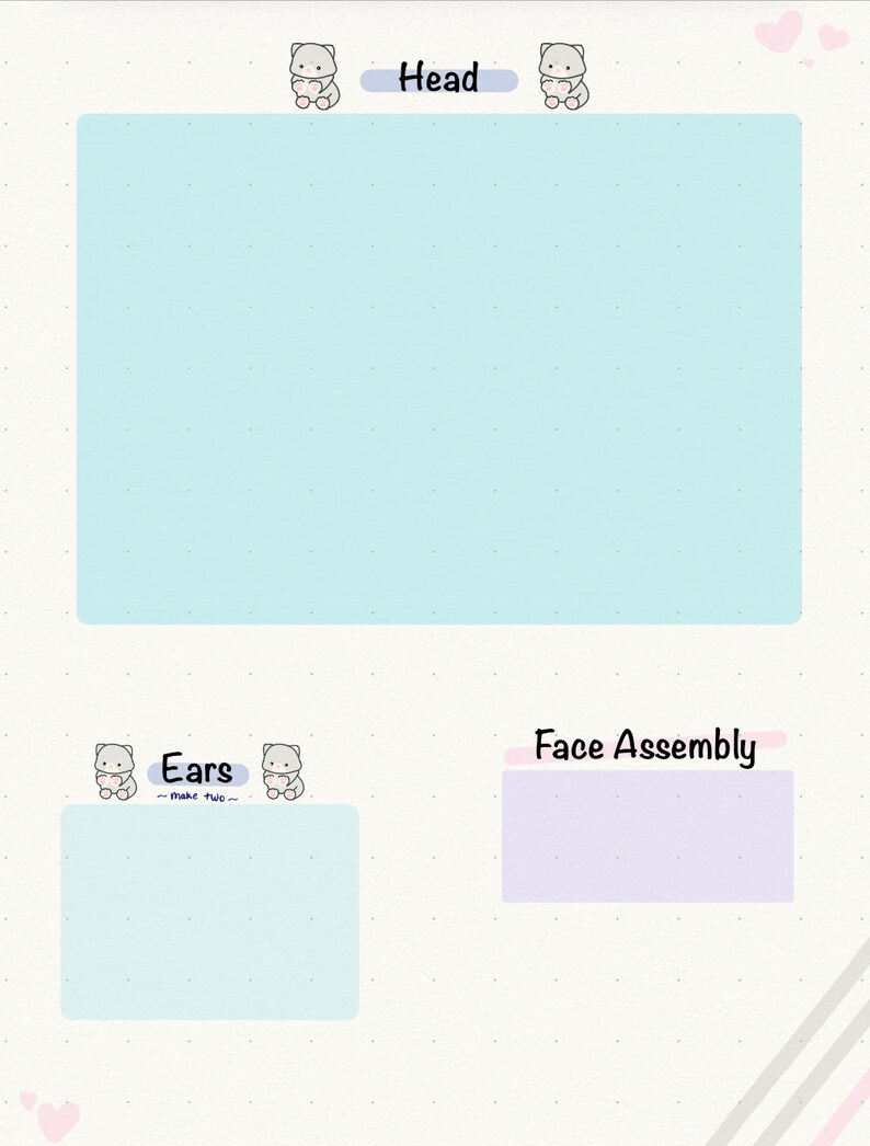 May include: A printable worksheet with instructions for creating a cartoon cat. The worksheet is divided into sections for the head, ears, and face assembly. The sections are labelled with the words "Head", "Ears", and "Face Assembly".
