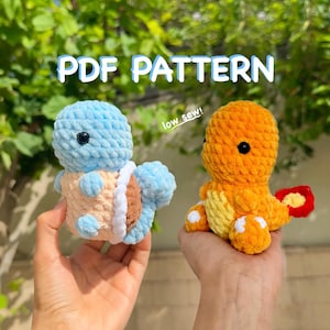 May include: A PDF pattern for crocheted plush toys. The image shows two plush toys: a blue and tan turtle and an orange and yellow creature. The text "PDF PATTERN" is at the top, and "low sew!" is at the bottom.
