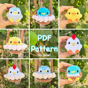 Puede incluir: Una colección de adornos de pájaros hechos a mano con ganchillo en varios colores, incluyendo azul, amarillo y blanco. Algunos pájaros están en nidos decorativos, y otros son sostenidos por una mano. La imagen incluye el texto "PDF Pattern No Sew!"