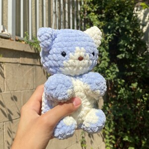 May include: A small, crocheted plush toy bear in a light blue and white colour scheme. The bear has a white face with black eyes and a pink nose.