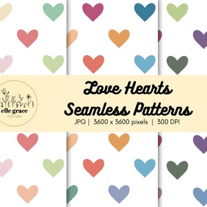 Love Hearts Digital Seamless Patterns Repeating File | Commercial Use | Scrapbook Paper | 3 Pastel Heart Fabric Pattern Digital Papers