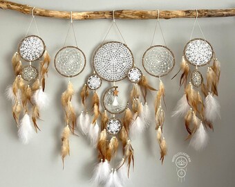 Brown and White Dreamcatcher, Dreamcatcher Moon & Stars, Dreamcatcher Wall Hanging, Wall Art Decor, Set of 5, Dreamcatcher