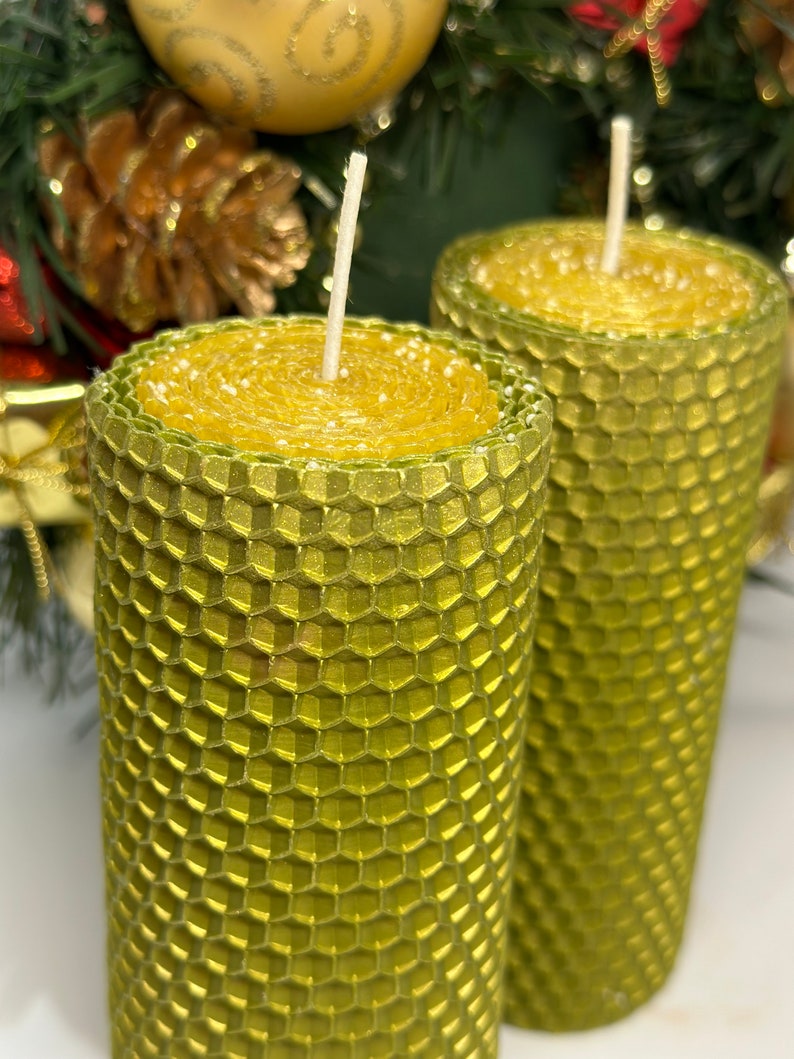two original Christmas candles of green and golden color 13x5 cm. candles made of natural beeswax twisted by hand, organic candles,Ukrainian image 1