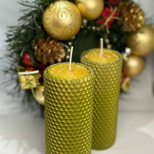 two original Christmas candles of green and golden color 13x5 cm. candles made of natural beeswax twisted by hand, organic candles,Ukrainian image 2