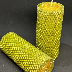 two original Christmas candles of green and golden color 13x5 cm. candles made of natural beeswax twisted by hand, organic candles,Ukrainian image 5