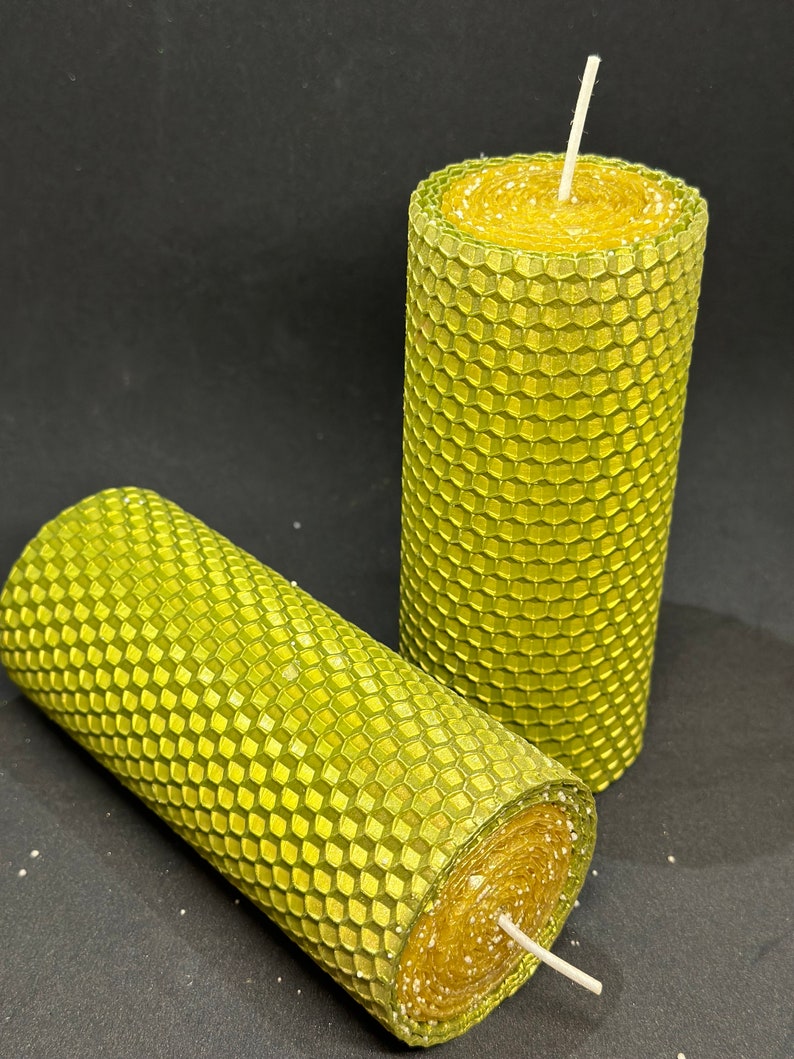 two original Christmas candles of green and golden color 13x5 cm. candles made of natural beeswax twisted by hand, organic candles,Ukrainian image 5