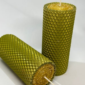 two original Christmas candles of green and golden color 13x5 cm. candles made of natural beeswax twisted by hand, organic candles,Ukrainian image 3