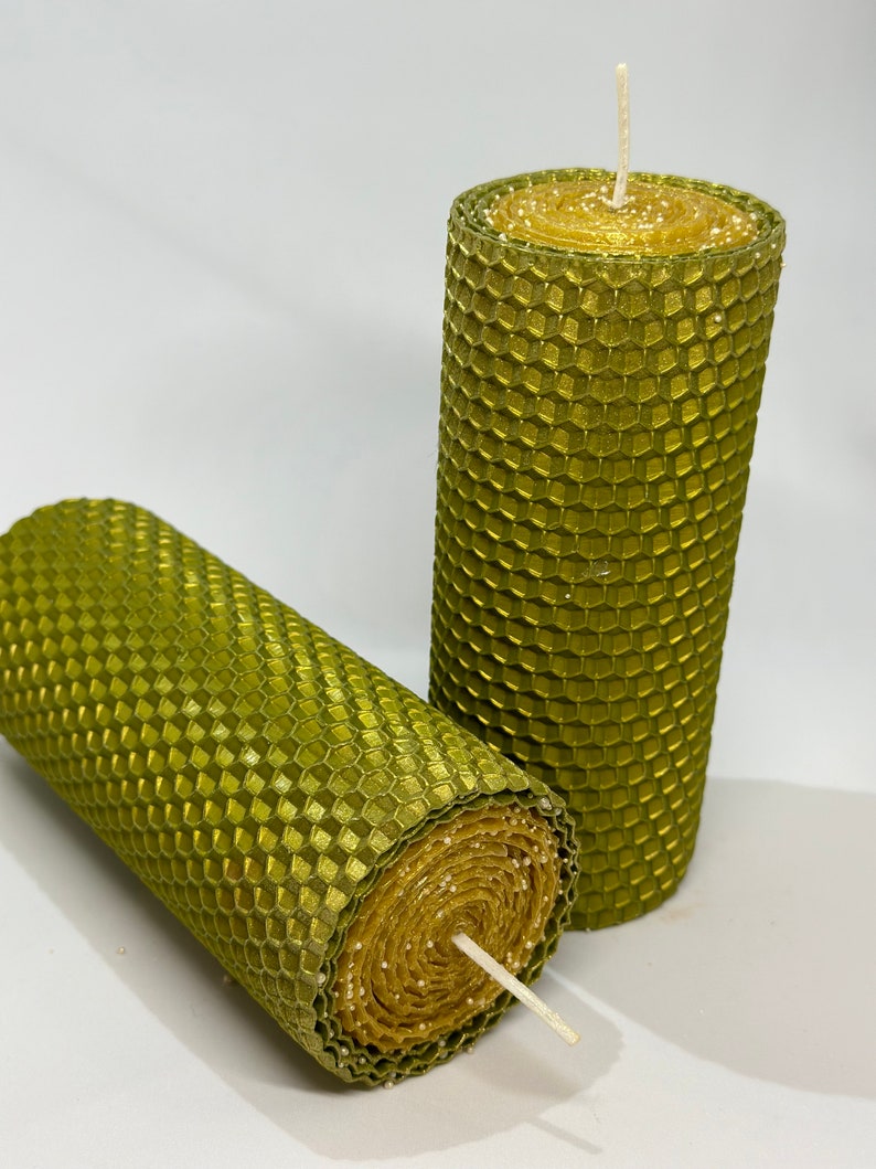 two original Christmas candles of green and golden color 13x5 cm. candles made of natural beeswax twisted by hand, organic candles,Ukrainian image 3