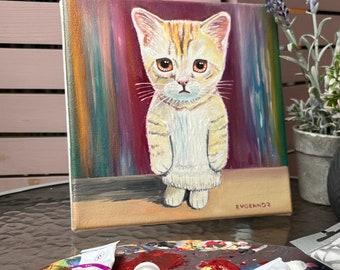 funny cat painted with oil paints on canvas, 20х20cm.Original painting in the animalistic genre.Birthday gift, home cute decor