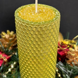 two original Christmas candles of green and golden color 13x5 cm. candles made of natural beeswax twisted by hand, organic candles,Ukrainian image 6
