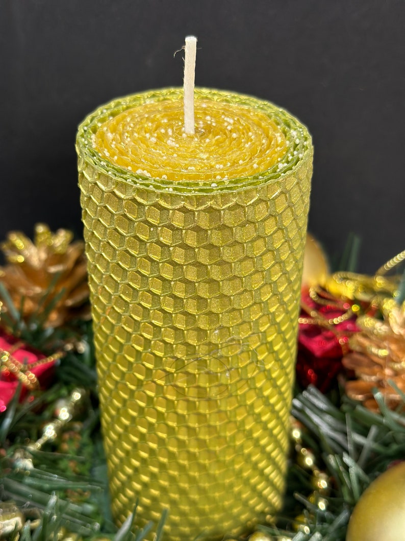 two original Christmas candles of green and golden color 13x5 cm. candles made of natural beeswax twisted by hand, organic candles,Ukrainian image 6