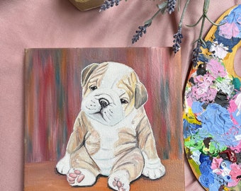 cute dog oil paints on canvas. Original painting in the animalistic genre, 20X20 cm. Christmas gift, cute decor for teenagers and home.