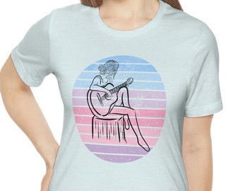 Retro Acoustic Guitar Girl T-Shirt: 70s Style Music Tee