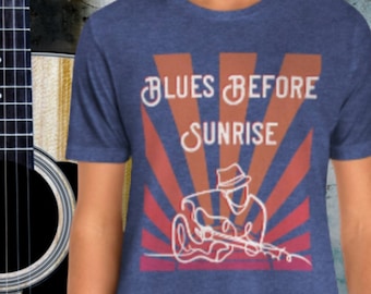 Blues Guitar Player T-Shirt: Retro Sunset Graphic Tee