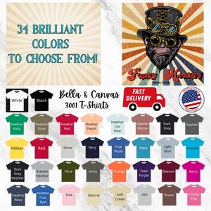 以下が含まれることがあります： Bella + Canvas 3001 Tシャツの34色のカラーチャートです。色は行と列に配置されており、各色はTシャツの小さな画像で表されています。チャートのタイトルは「34色の鮮やかなカラーからお選びください！」で、テキスト「Bella + Canvas 3001 T-Shirts」が含まれています。