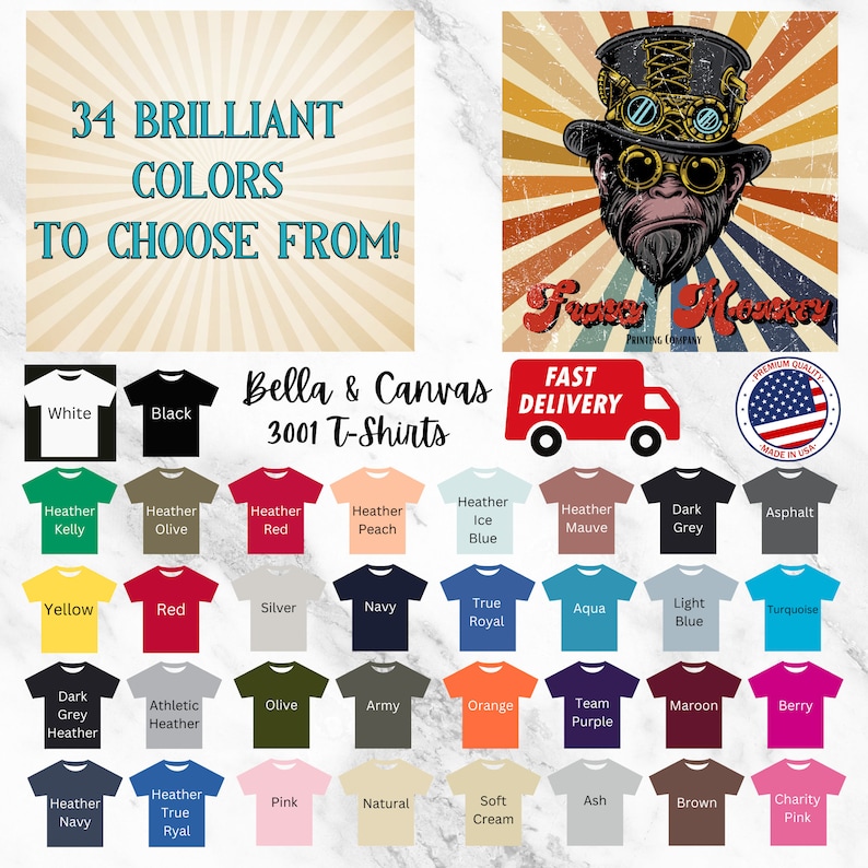 以下が含まれることがあります： Bella + Canvas 3001 Tシャツの34色のカラーチャートです。色は行と列に配置されており、各色はTシャツの小さな画像で表されています。チャートのタイトルは「34色の鮮やかなカラーからお選びください！」で、テキスト「Bella + Canvas 3001 T-Shirts」が含まれています。