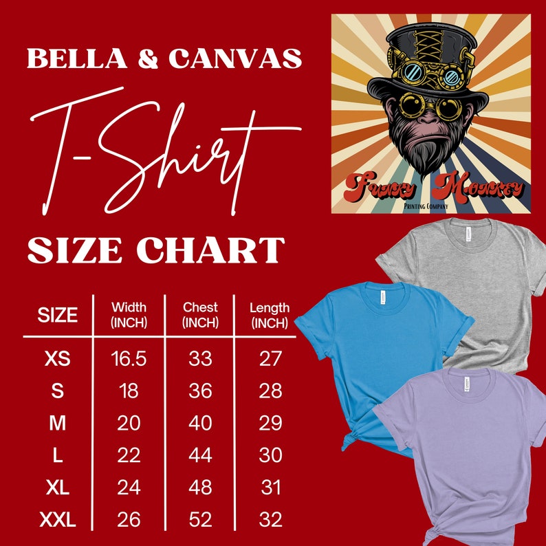 以下が含まれることがあります： Bella + Canvas Tシャツのサイズチャートで、XSからXXLまでのサイズに対応する幅、胸囲、着丈をインチで表示しています。チャートは、帽子とゴーグルをつけた猿のグラフィックが描かれた赤い背景に表示されています。