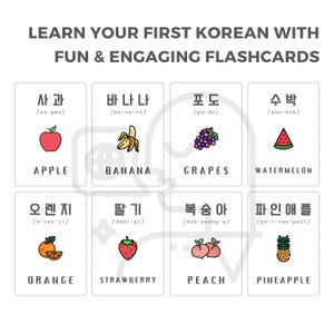 Peut inclure: Cartes m&eacute;moire illustrant des fruits avec leurs noms et prononciations cor&eacute;ens. Les fruits comprennent la pomme, la banane, le raisin, la past&egrave;que, l'orange, la fraise, la p&ecirc;che et l'ananas.