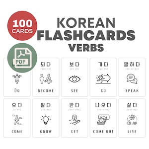 100 koreanische Karteikarten | Verben | Lernen Sie die koreanische Sprache | Druckbare Lernkarten | Sofortdownload | Zweisprachiger Kinderstoff