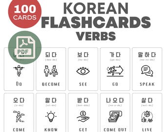 May include: A set of 100 Korean flashcards featuring verbs with English translations and illustrations. The flashcards are organized into a grid with 5 rows and 4 columns. Each card has a Korean word, its romanized pronunciation, an English translation, and a simple line drawing.