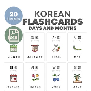 Flashcards de dias e meses coreanos | Aprenda a língua coreana | Cartões educacionais para impressão | Download instantâneo | Material infantil bilíngue