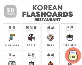 Korean Restaurant Flashcards | Learn Korean language | Educational printable cards | Instant download | Bilingual kids material