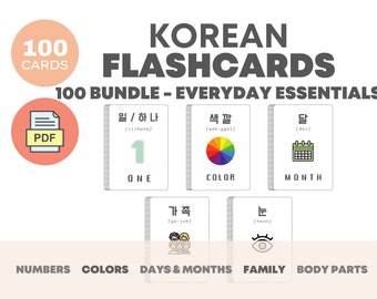 Everyday Essentials Coréen Flashcards 100 Bundle | Apprendre la langue coréenne | Cartes éducatives imprimables | Téléchargement instantané