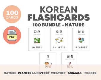 Nature Bundle 100 Korean Flashcards | Learn Korean language | Educational printable cards | Instant download | Bilingual kids material