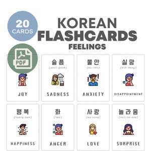 Könnte beinhalten: Ein Satz von 20 koreanischen Lernkarten mit Illustrationen und koreanischen Wörtern für verschiedene Gefühle wie Freude, Traurigkeit, Angst, Enttäuschung, Glück, Wut, Liebe und Überraschung. Die Lernkarten sind dazu gedacht, Koreanischlernenden zu helfen.