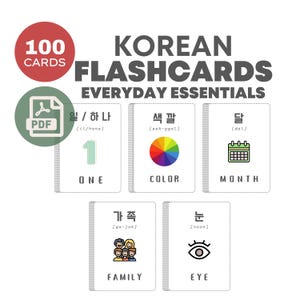 Everyday Essentials koreanische Karteikarten 100 Bündel | Lernen Sie die koreanische Sprache | Druckbare Lernkarten | Sofortdownload | Studieren Sie Koreanisch