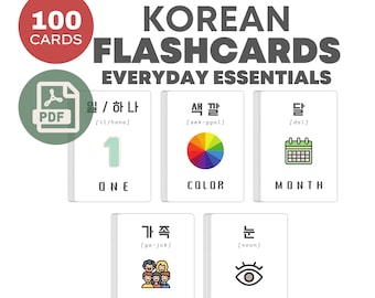 100 Everyday Korean Flashcards | Basic Vocabulary Printable Bundle | Learn Hangul Words for Numbers, Colors, Days, Family & Body Parts