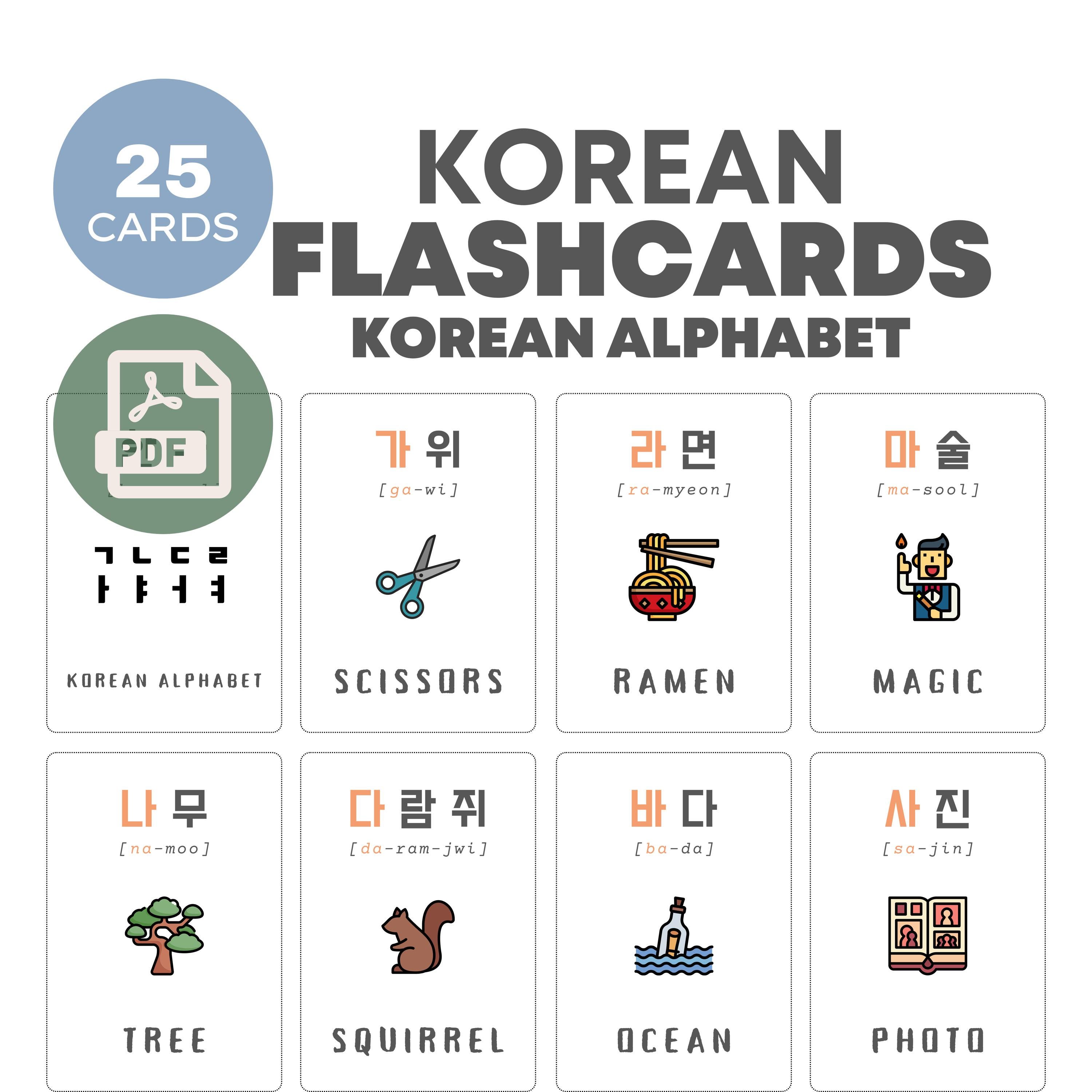25 Hangul Flashcards | Learn Korean Alphabet | Printable