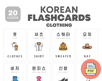 Karteikarten mit koreanischer Kleidung | Lernen Sie die koreanische Sprache | Druckbare Lernkarten | Sofortdownload | Zweisprachiger Kinderstoff