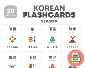 Saison Koreanisch Lernkarten | Koreanisch lernen | Lehrreiche druckbare Karten | Sofortiger Download | Zweisprachiges Lernmaterial