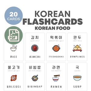 Koranisches Essen Karteikarten | Lernen Sie die koreanische Sprache | Druckbare Lernkarten | Sofortdownload | Zweisprachiger Kinderstoff
