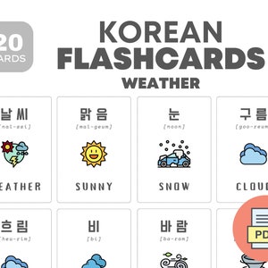 Flashcards meteorológicos coreanos | Aprenda a língua coreana | Cartões educacionais para impressão | Download instantâneo | Material infantil bilíngue