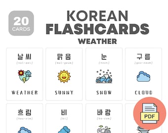 20 Korean Weather Flashcards | Learn Hangul Weather Vocabulary | Printable PDF for Beginners