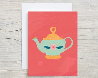 Printable Teapot Greeting Card, Cute Illustration for Birthdays, Thank You, Invitations with Downloadable Envelope & Instructions