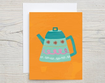 Printable Teapot Greeting Card, Cute Illustration for Birthdays, Thank You, Invitations with Downloadable Envelope & Instructions